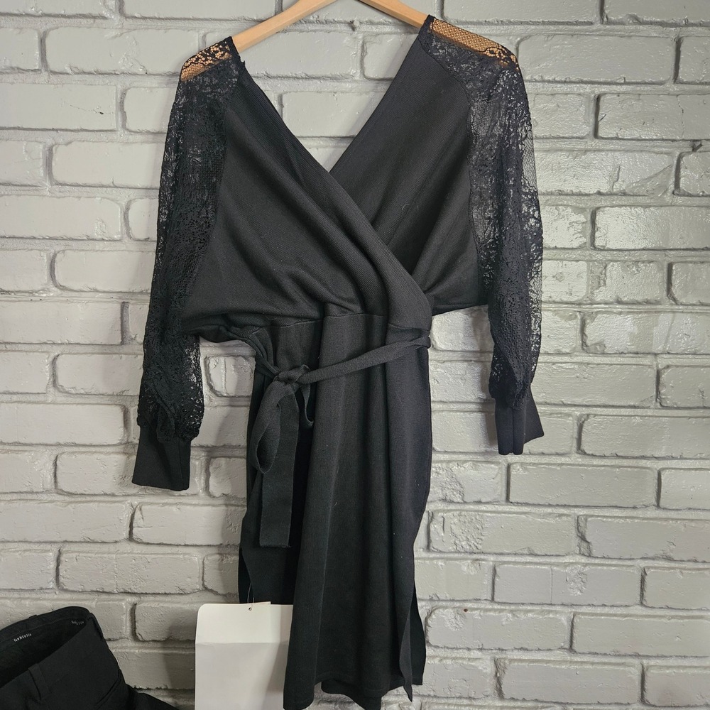 Black Lace Sleeve Wrap Mini Dress Tie Waist Knit V-Neck Long Sleeve Cocktail